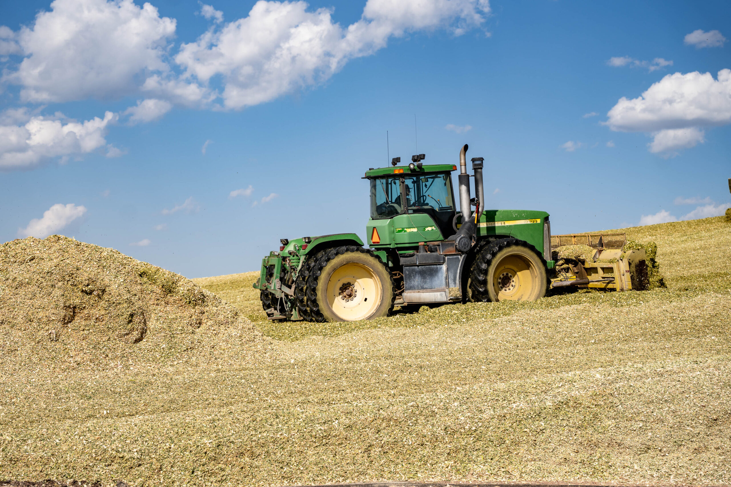 LCF Single Tractor A tractor pushes and packs silage at Lane County Feeders.